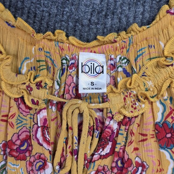 Bila Blouse Womens Small Yellow Boho Floral Sleeveless Ruffle Hem Rayon Top - Picture 3 of 10